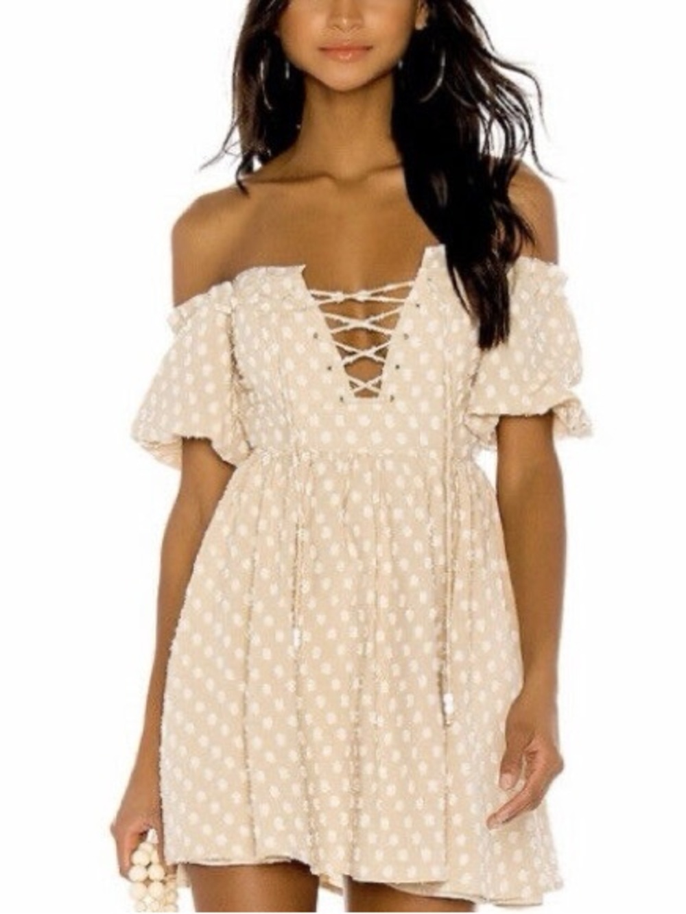 Lace-Up Beige Polka Dot Dress